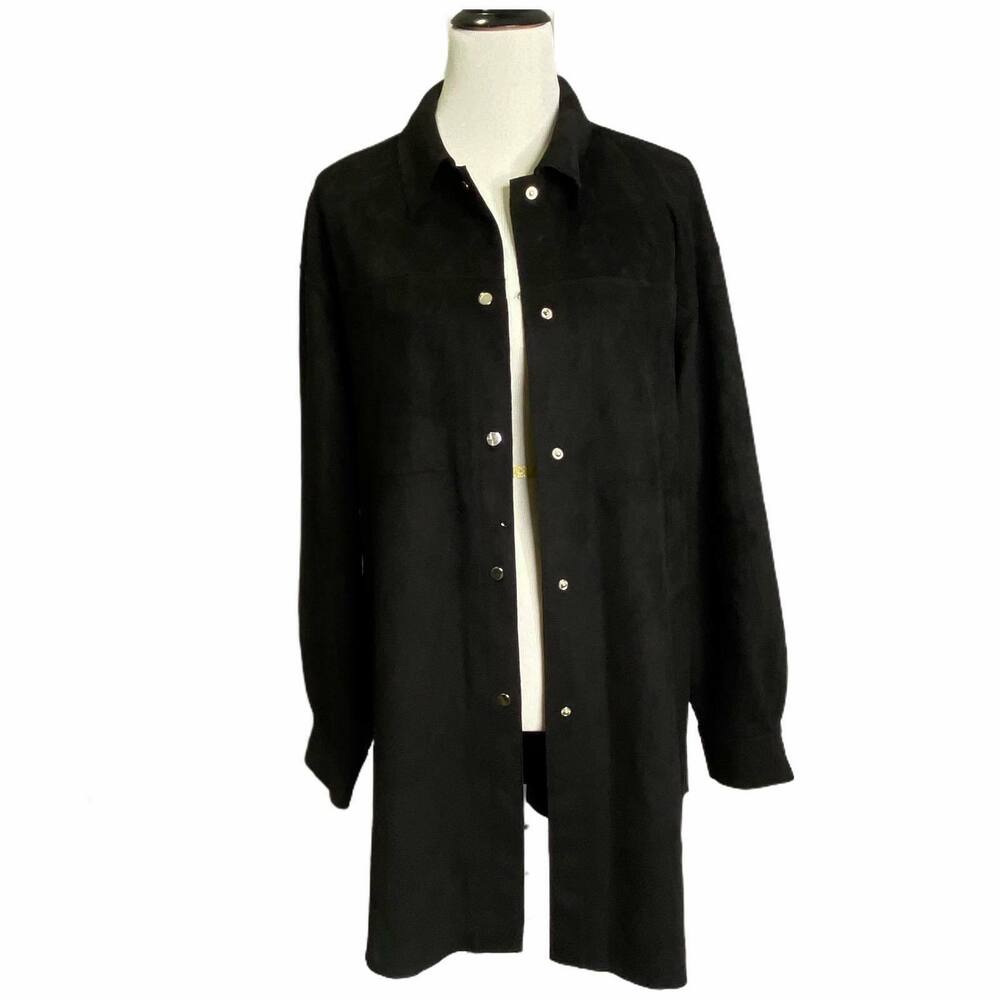Zara Women's XL Shirt Jacket Suede-like Gold Snaps Long Sleeve Black Oversized